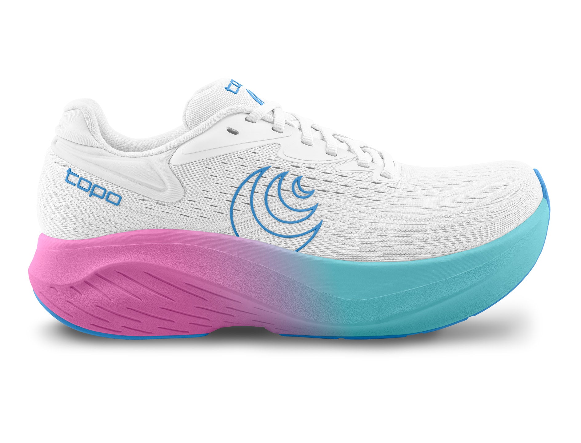 Women's Topo Atmos 2. White upper. Pink/Blue midsole. Lateral view.