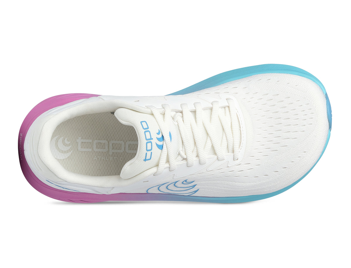 Women's Topo Atmos 2. White upper. Pink/Blue midsole. Top view.