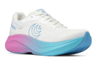 Women's Topo Atmos 2. White upper. Pink/Blue midsole. Lateral view.