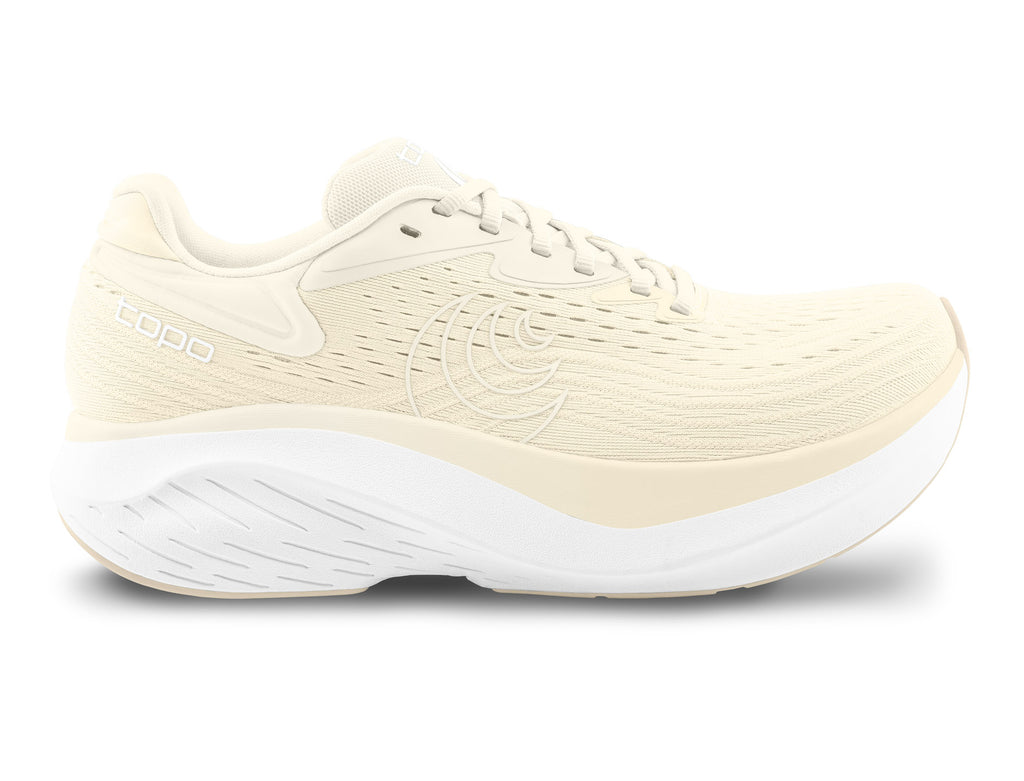 Women's Topo Atmos 2. Cream upper. White midsole. Lateral view.
