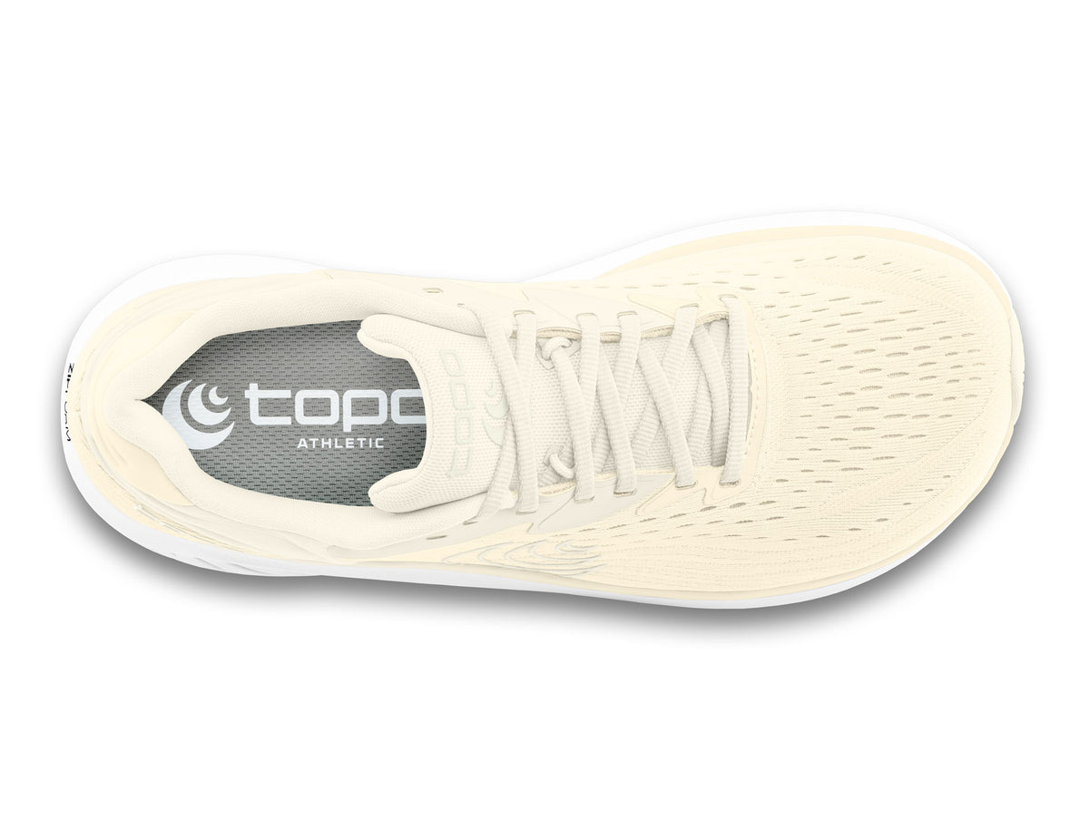Women's Topo Atmos 2. Cream upper. White midsole. Top view.