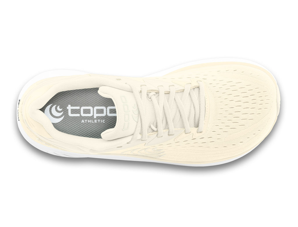 Women's Topo Atmos 2. Cream upper. White midsole. Top view.