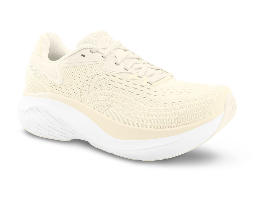 Women's Topo Atmos 2. Cream upper. White midsole. Lateral view.