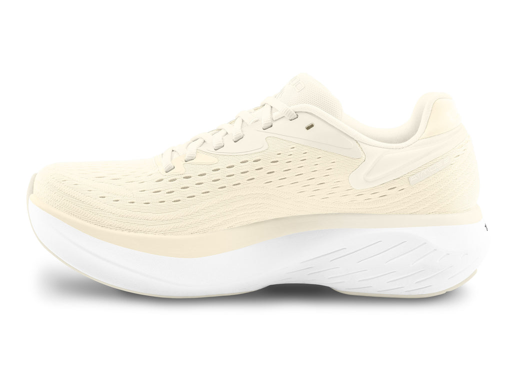 Women's Topo Atmos 2. Cream upper. White midsole. Medial view.