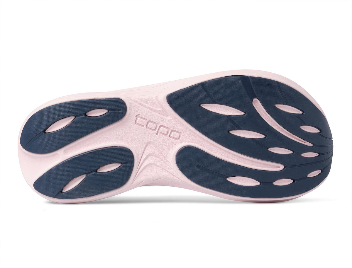 Women's Topo Atmos 2. Purple upper. Pink midsole. Bottom view.