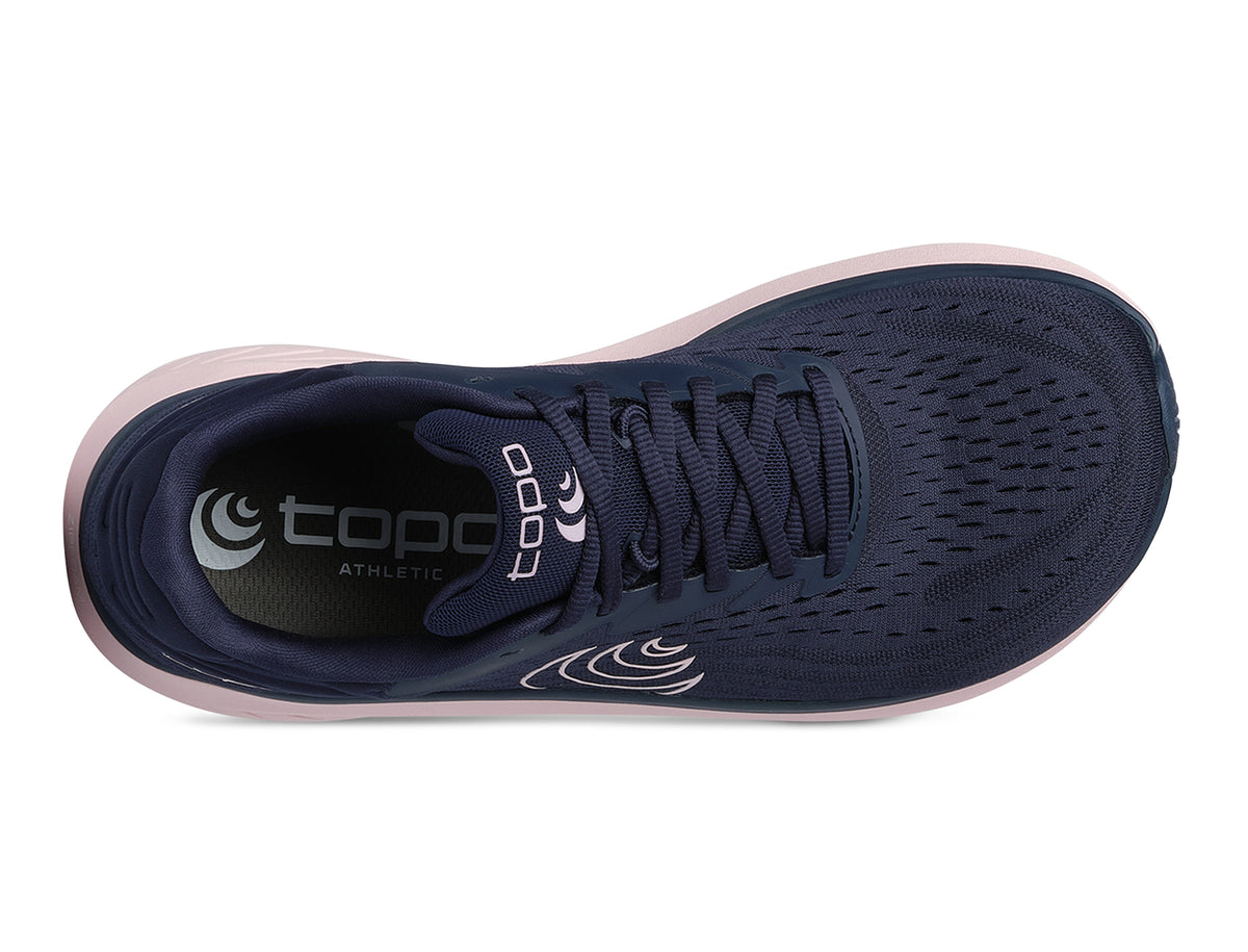 Women's Topo Atmos 2. Purple upper. Pink midsole. Top view.