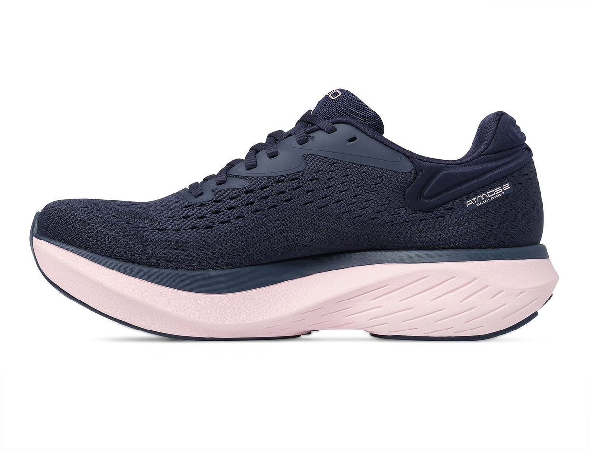 Women's Topo Atmos 2. Purple upper. Pink midsole. Medial view.