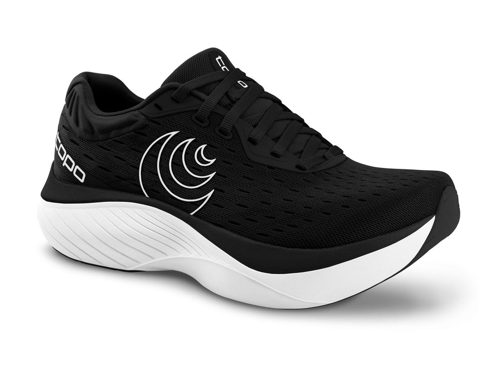 Women's Topo Atmos. Black upper. White midsole. Lateral view.