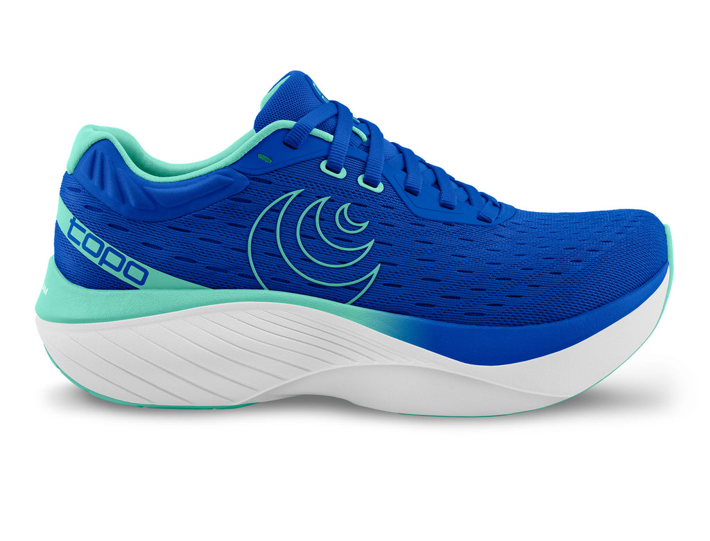 Women's Topo Atmos. Blue upper. White midsole. Lateral view.