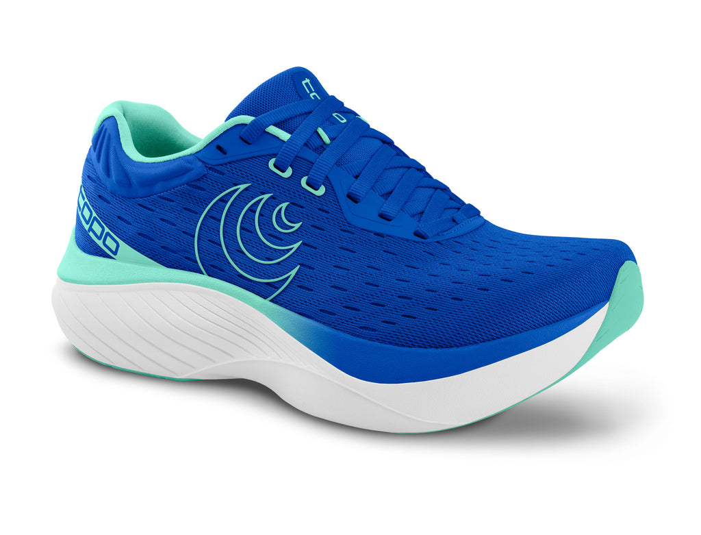 Women's Topo Atmos. Blue upper. White midsole. Lateral view.