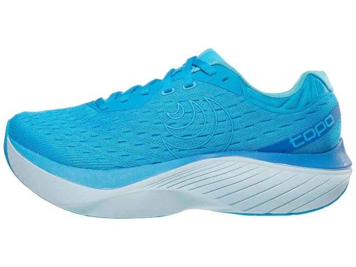 Women's Topo Athletic Atmos. Light blue upper. White midsole. Lateral view.