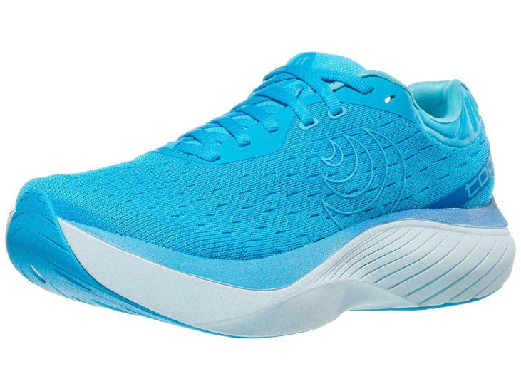 Women's Topo Athletic Atmos. Light blue upper. White midsole. Lateral view.