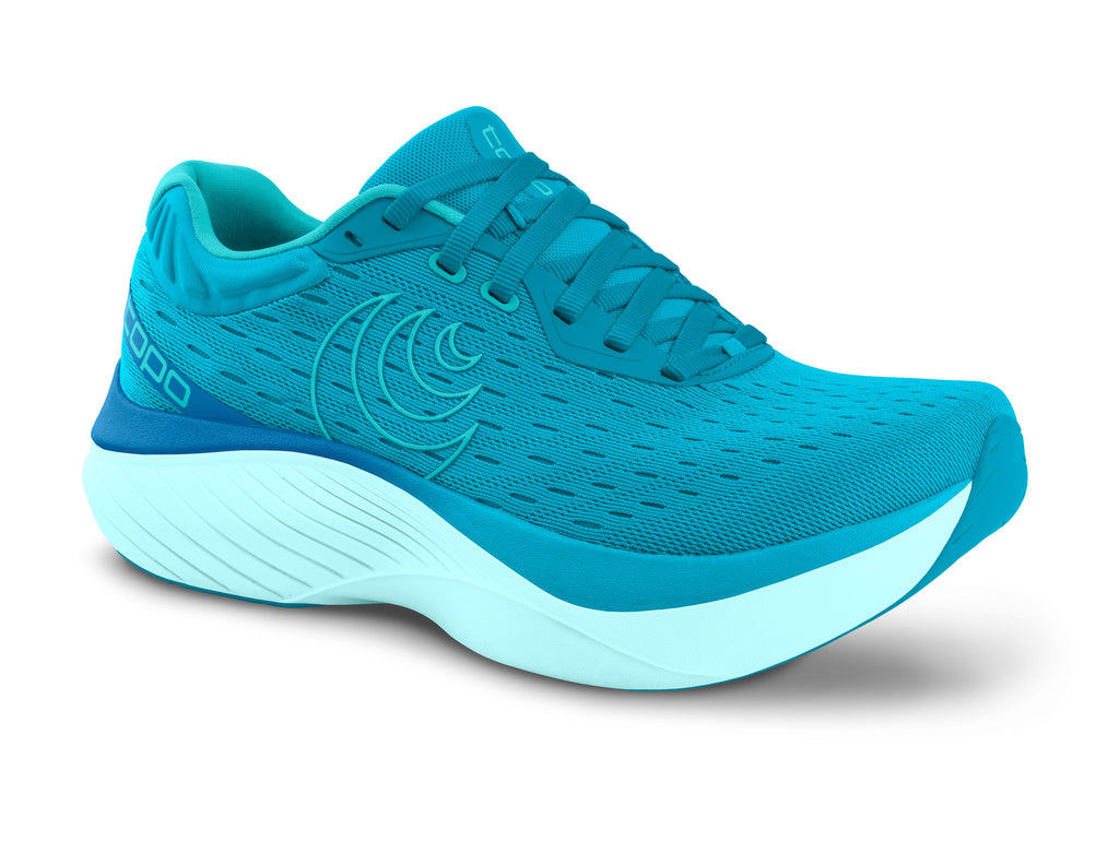 Women's Topo Athletic Atmos. Light blue upper. White midsole. Lateral view.