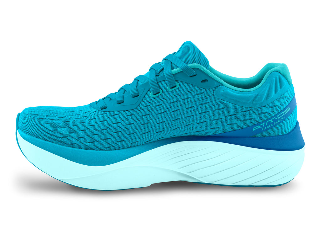 Women's Topo Athletic Atmos. Light blue upper. White midsole. Medial view.