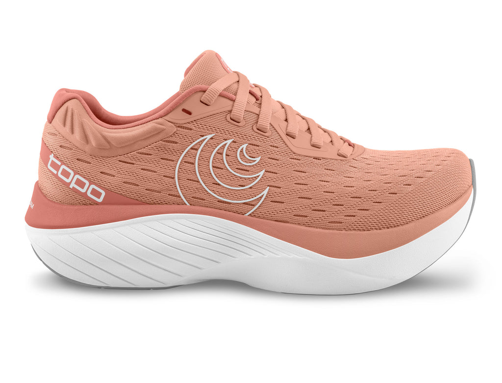 Women's Topo Atmos. Pink upper. White midsole. Lateral view.