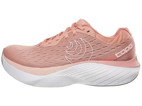 Women's Topo Atmos. Pink upper. White midsole. Lateral view.