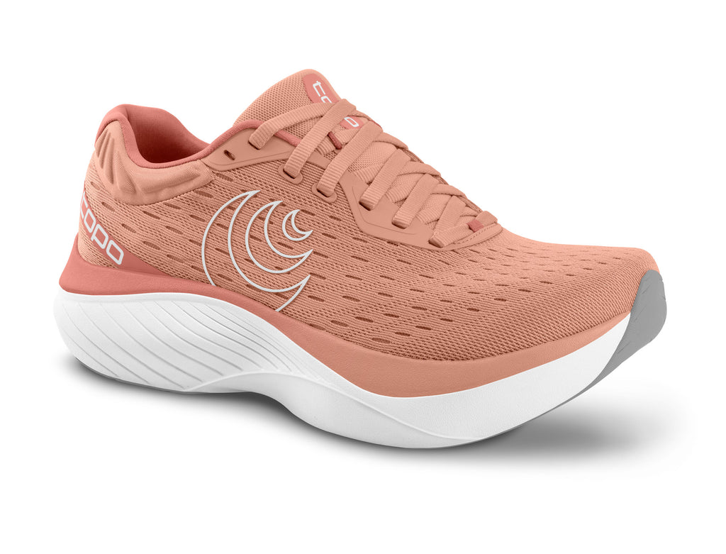 Women's Topo Atmos. Pink upper. White midsole. Lateral view.