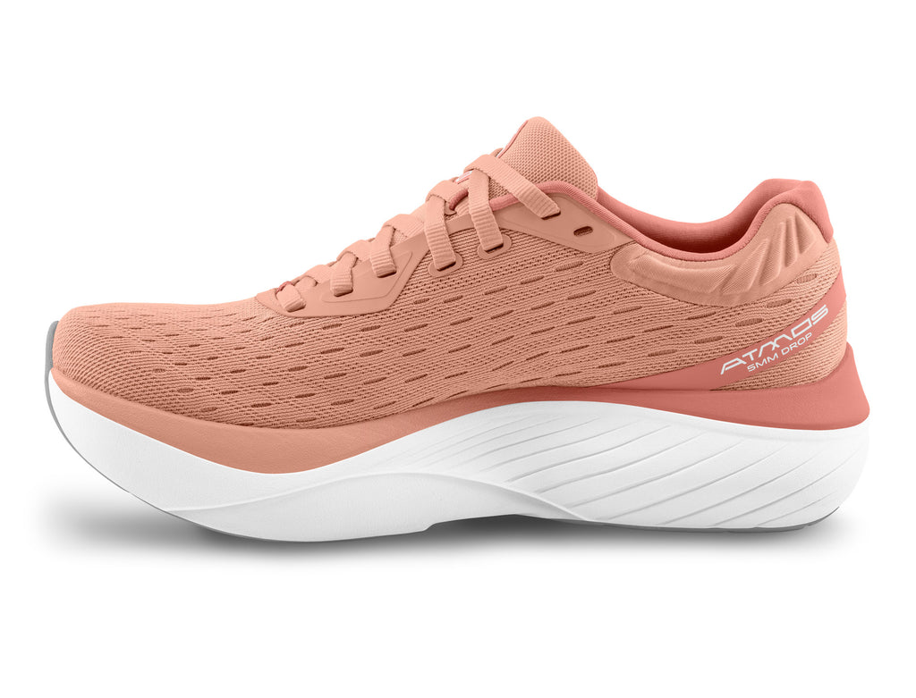 Women's Topo Atmos. Pink upper. White midsole. Medial view.