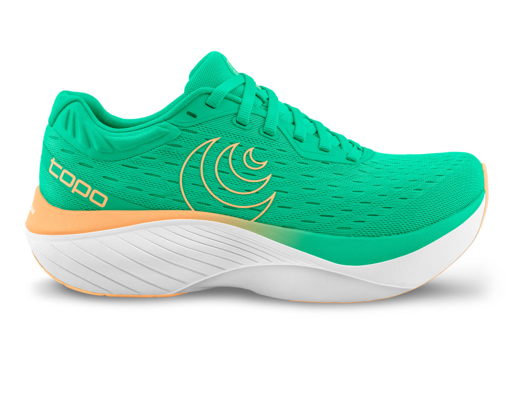 Women's Topo Atmos. Green upper. White midsole. Lateral view.
