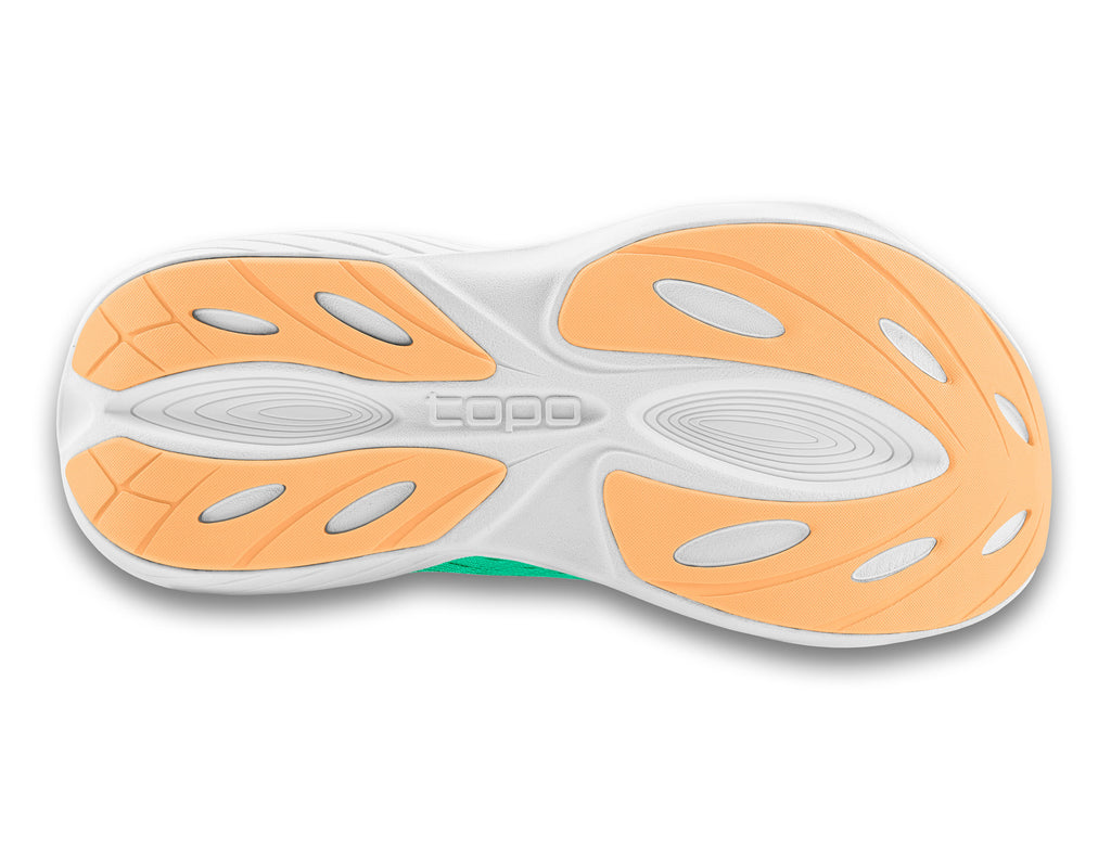 Women's Topo Atmos. Green upper. White midsole. Bottom view.