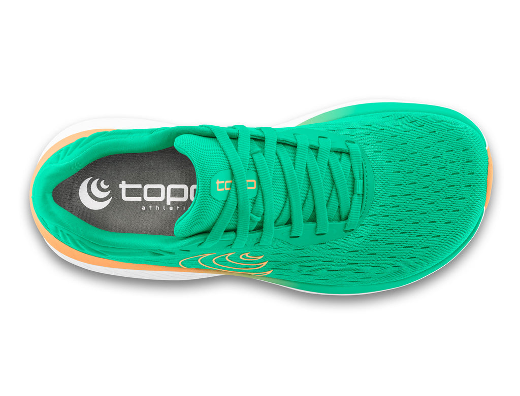 Women's Topo Atmos. Green upper. White midsole. Top view.