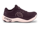 Women's Topo Aura 2. Maroon upper. White midsole. Lateral view.