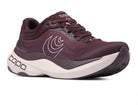 Women's Topo Aura 2. Maroon upper. White midsole. Lateral view.