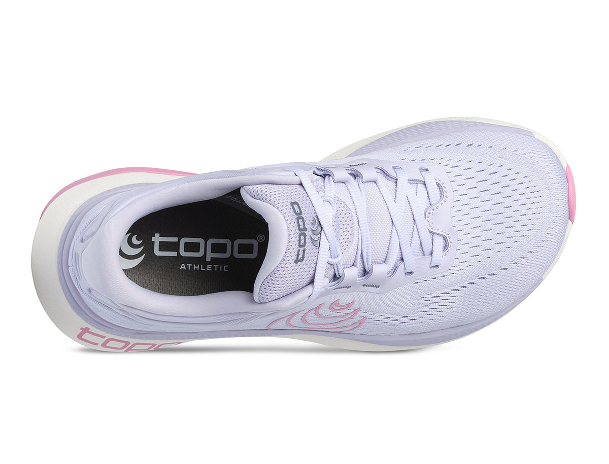 Women's Topo Aura 2. Light Purple upper. White midsole. Top view.