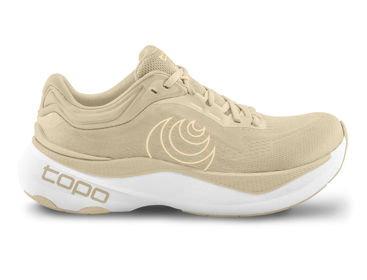 Women's Topo Aura 2. Tan upper. White midsole. Lateral view.