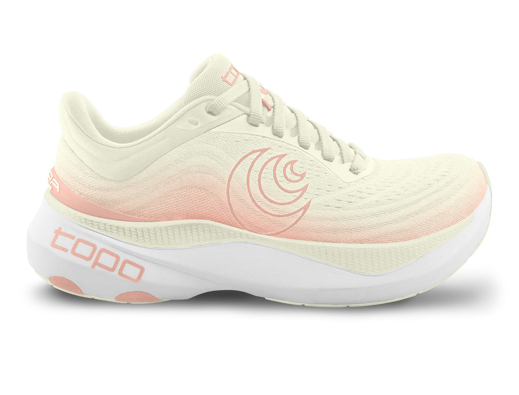 Women's Topo Aura. Off White upper. White midsole. Lateral view.