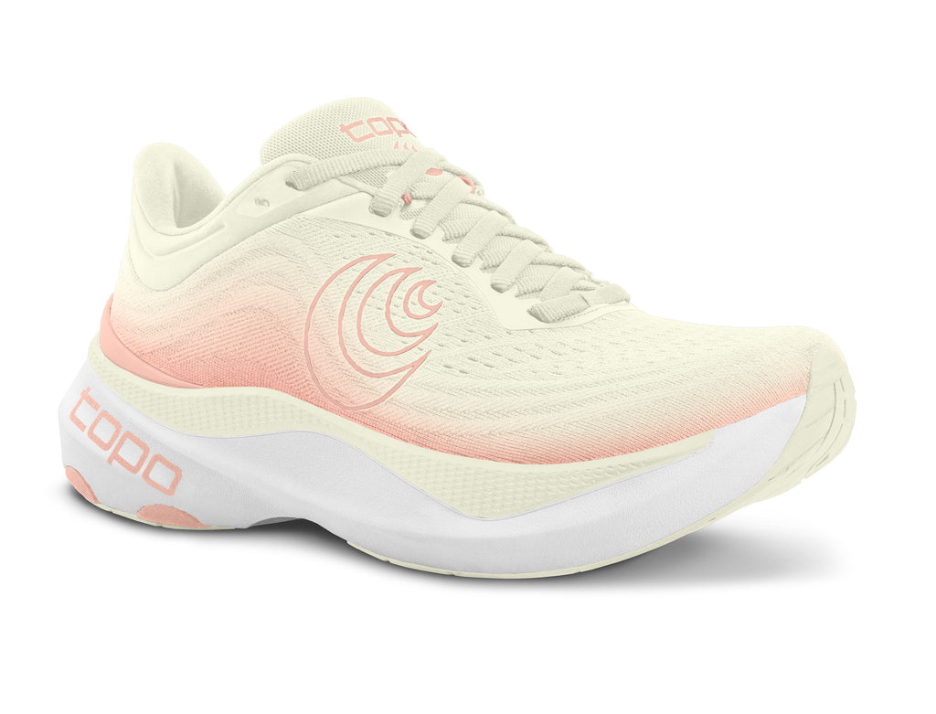 Women's Topo Aura. Off White upper. White midsole. Lateral view.
