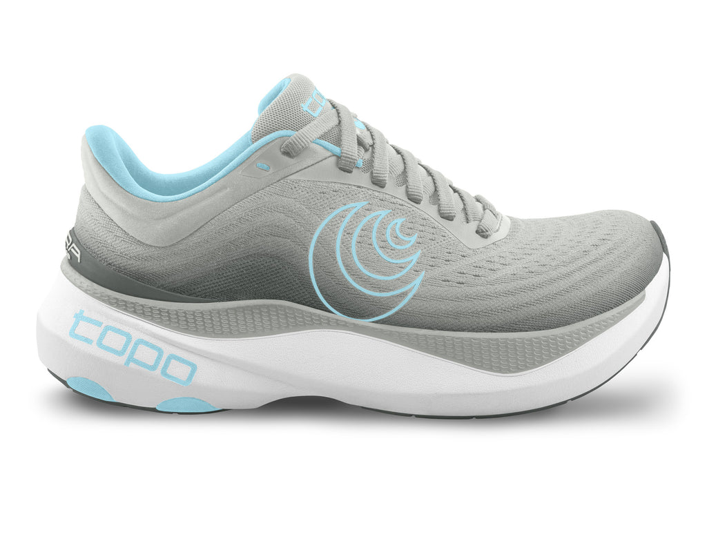 Women's Topo Aura. Grey upper. Off White midsole. Lateral view.