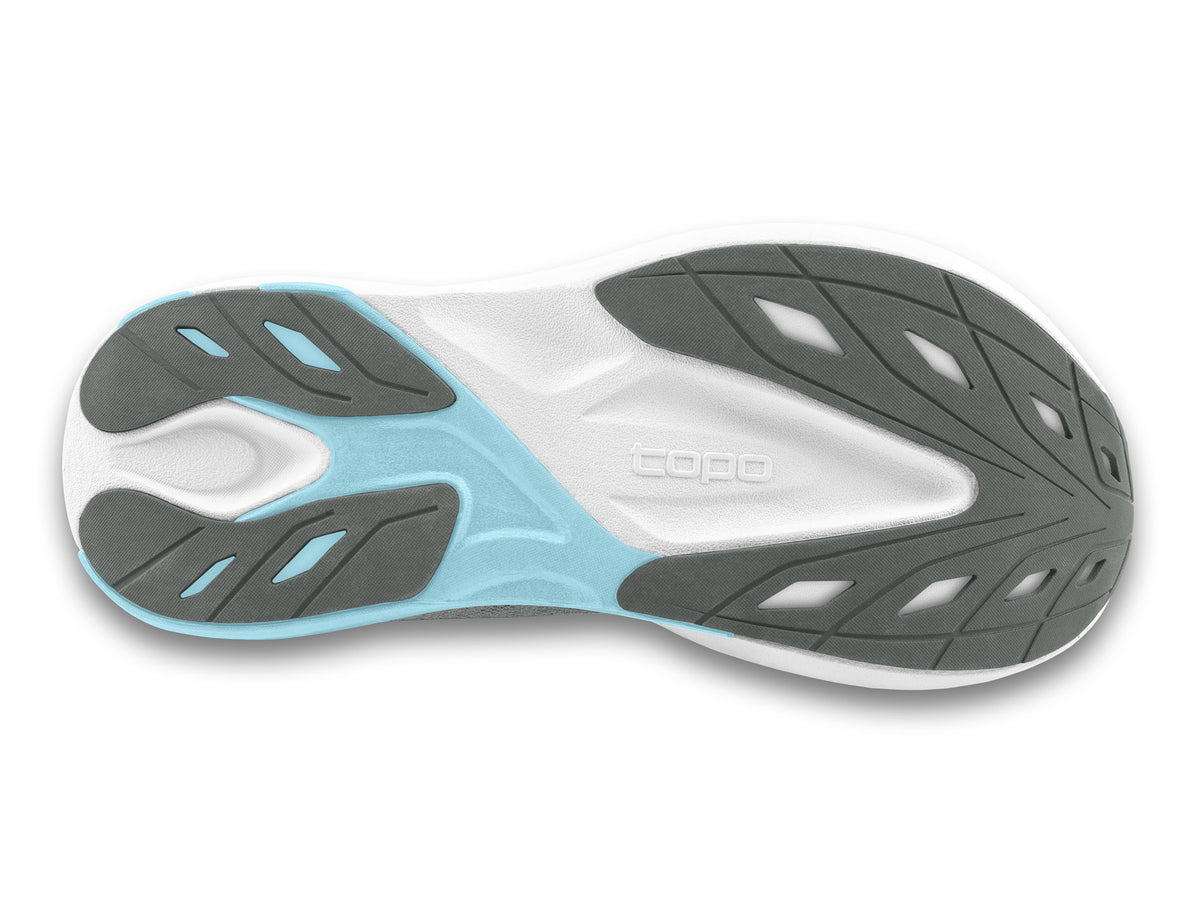 Women's Topo Aura. Grey upper. Off White midsole. Bottom view.