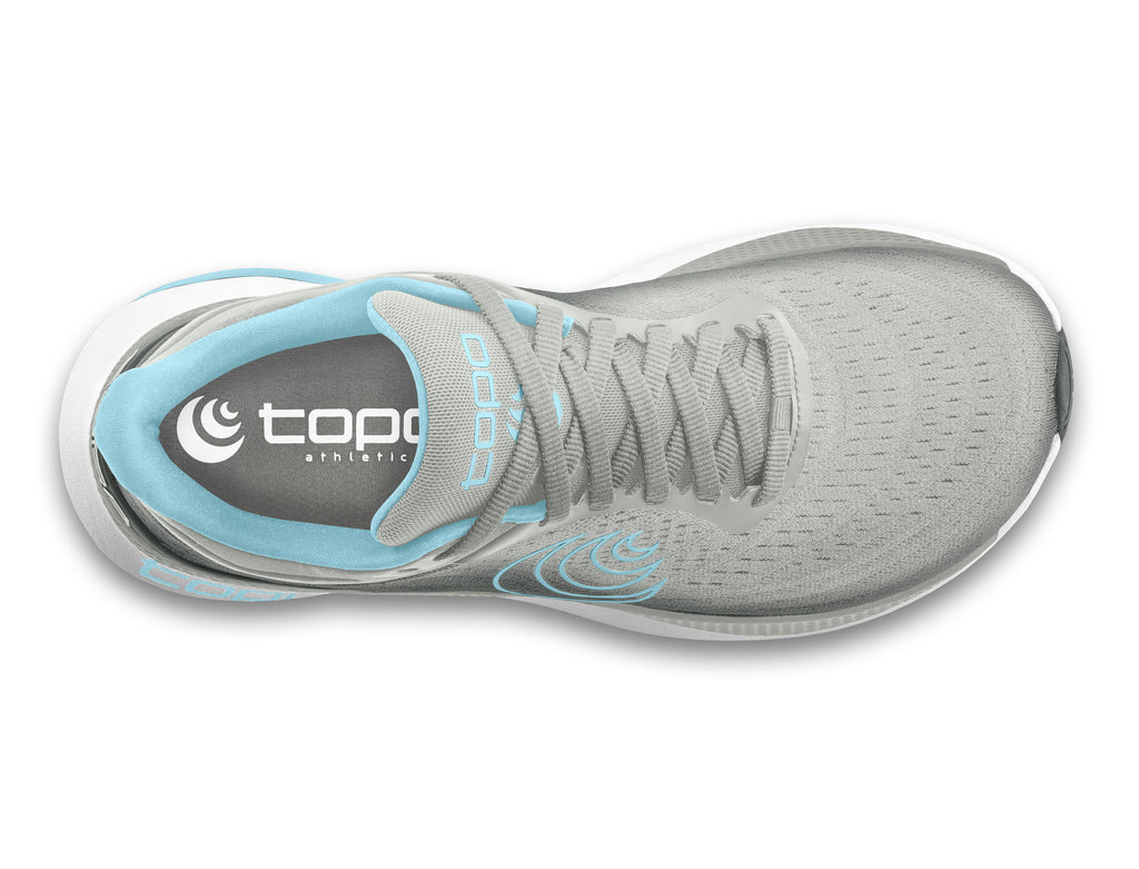 Women's Topo Aura. Grey upper. Off White midsole. Top view.