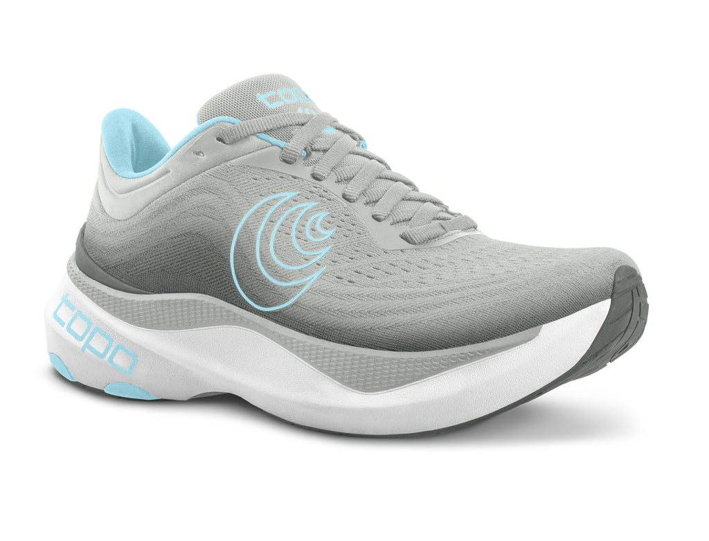 Women's Topo Aura. Grey upper. Off White midsole. Lateral view.