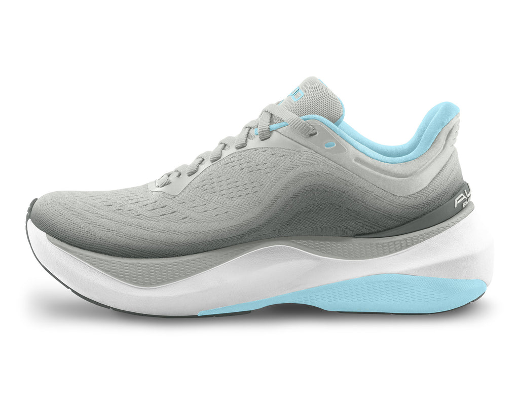 Women's Topo Aura. Grey upper. Off White midsole. Medial view.