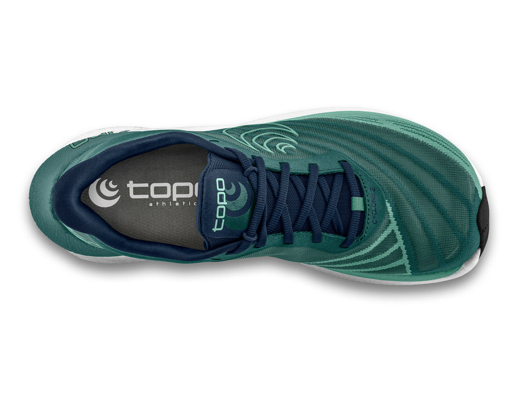 Women's Topo Cyclone 2. Green Upper. White midsole. Top view.