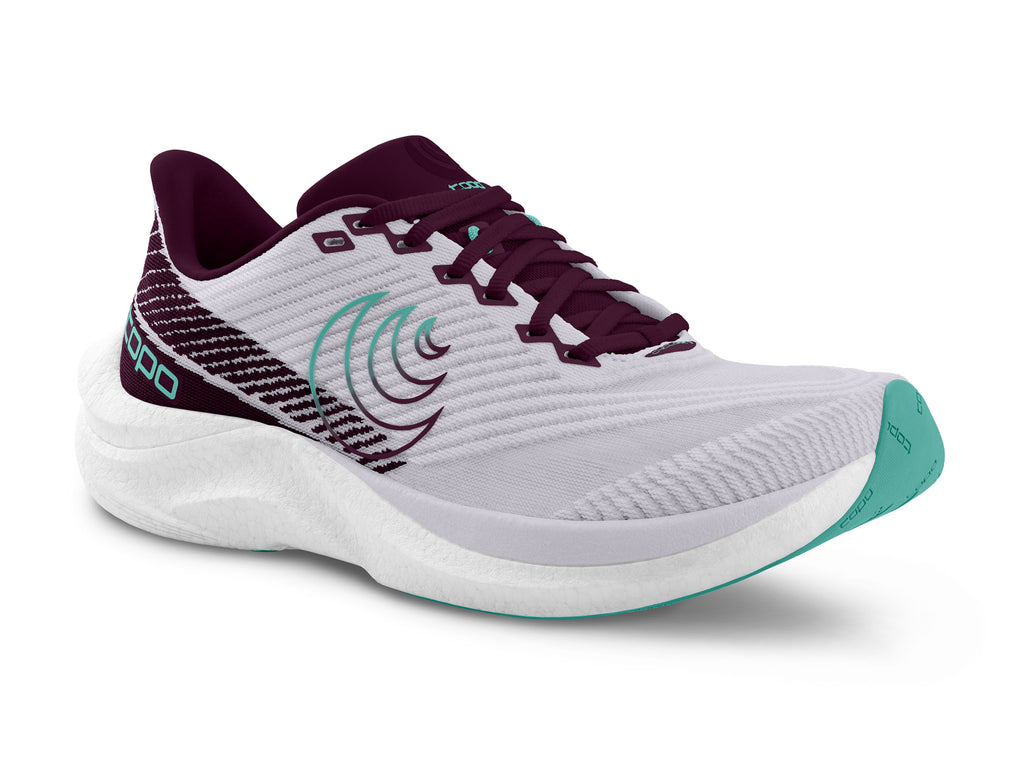 Women's Topo Cyclone 3. Light Purple upper. White midsole. Lateral view.