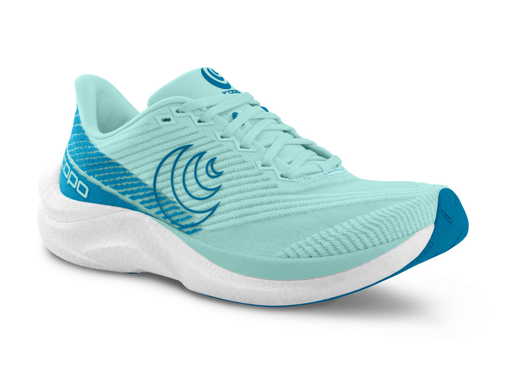 Women's Topo Cyclone 3. Teal/Blue upper. White midsole. Lateral view.