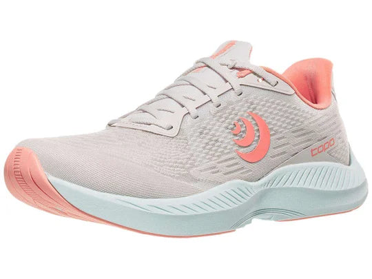 Women's Topo Fli-lyte 5. Light Grey upper. Off White midsole. Lateral view.