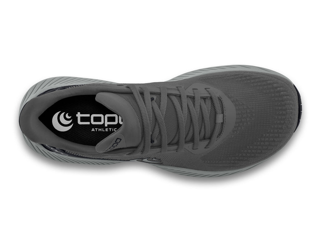 Women's Topo Fli-Lyte 6. Dark Grey upper. Grey midsole. Top view.