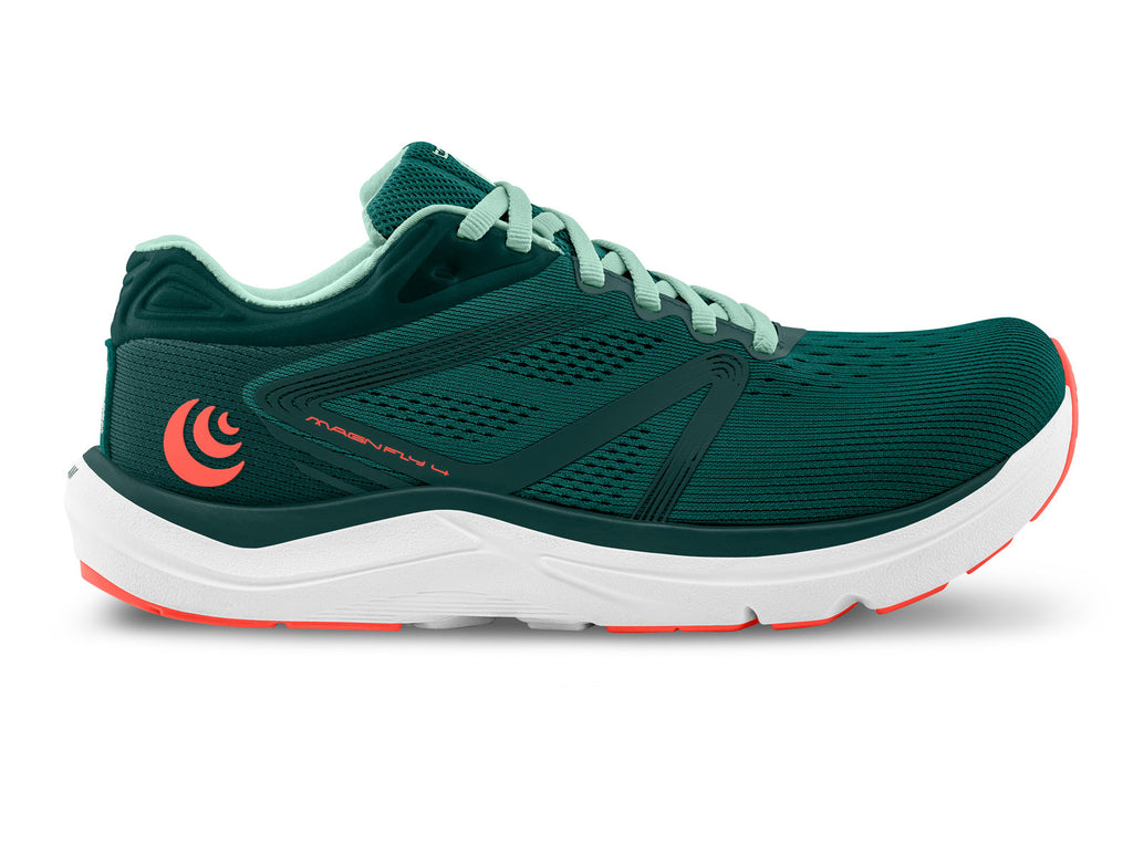 Women's Topo Athletic Magnifly 4. Dark green upper. White midsole. Lateral view.