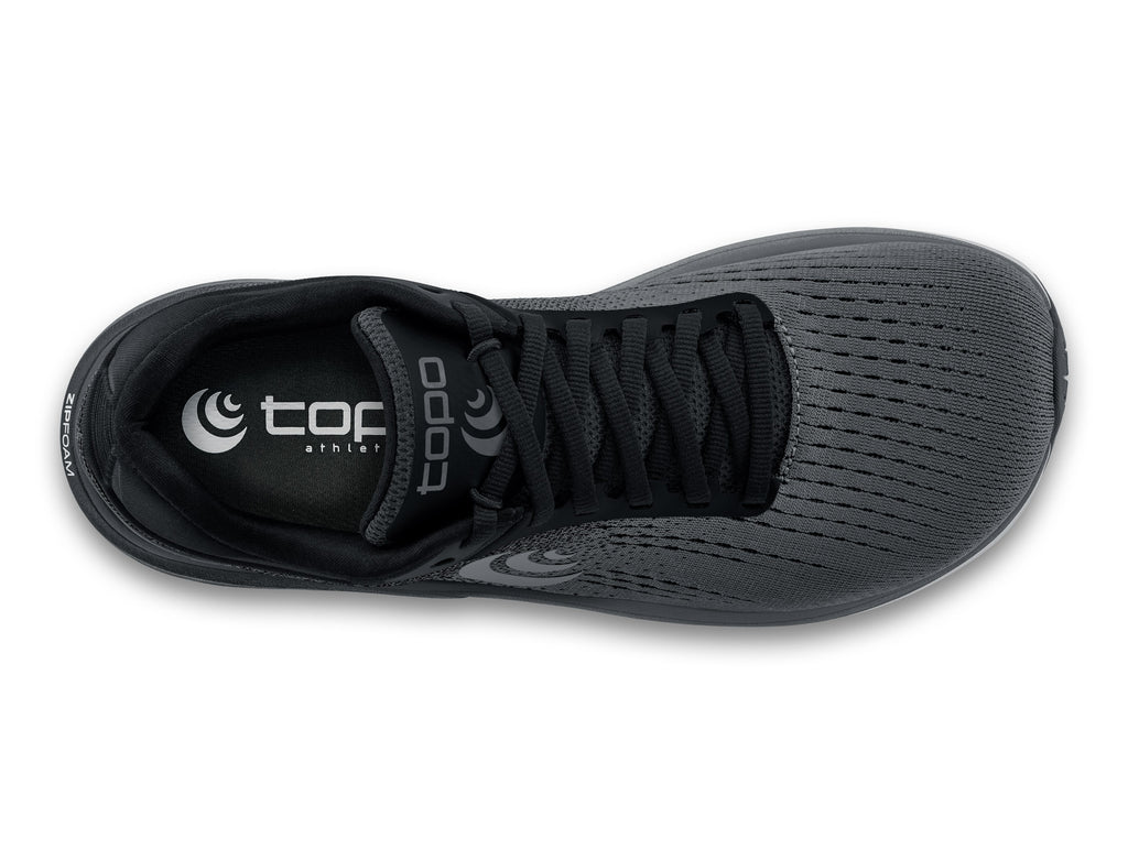 Women's Topo Magnifly 5. Black/Grey upper. Grey midsole. Top view.