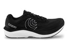 Women's Topo Magnifly 6. Black upper. White midsole. Lateral view.