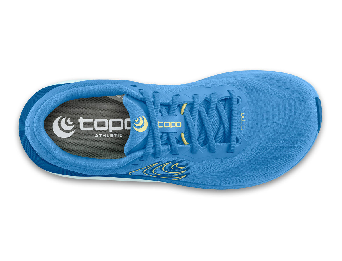 Women's Topo Magnifly 6. Blue upper. White midsole. Top view.