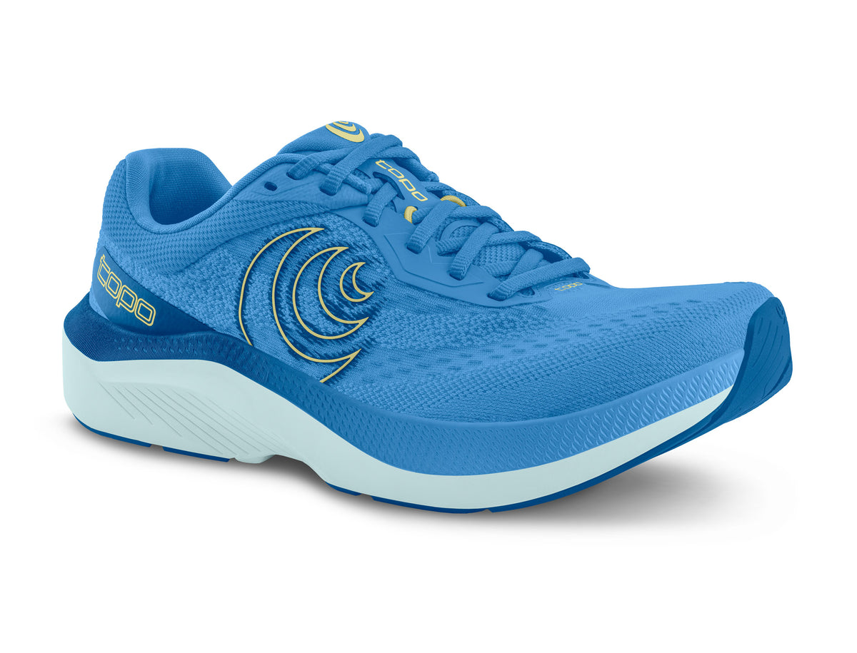 Women's Topo Magnifly 6. Blue upper. White midsole. Lateral view.