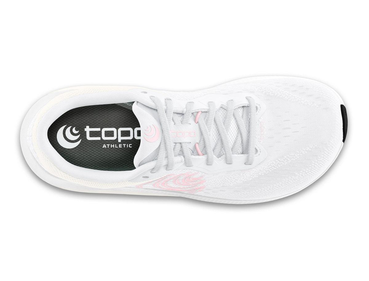 Women's Topo Magnifly 6. White upper. White midsole. Top view.