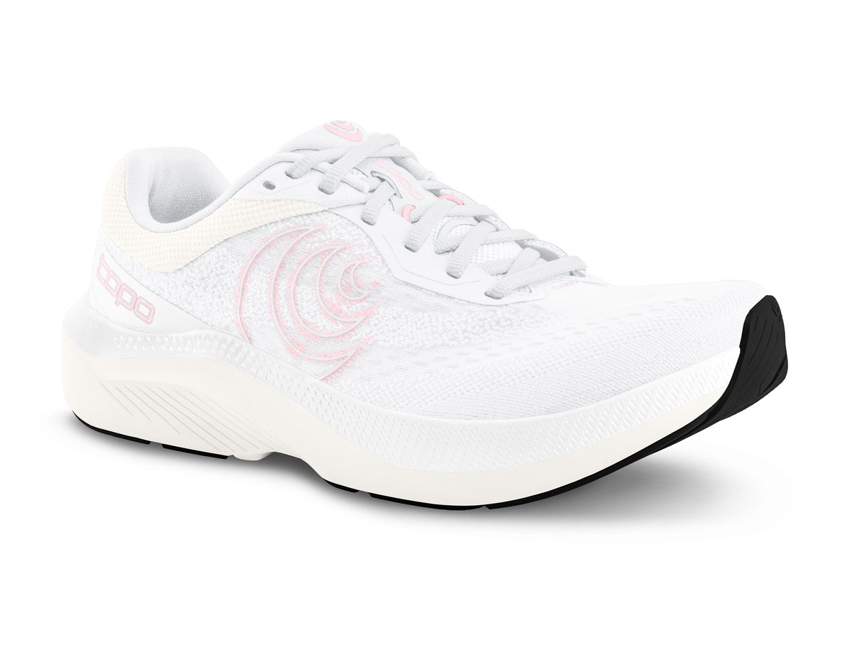 Women's Topo Magnifly 6. White upper. White midsole. Lateral view.