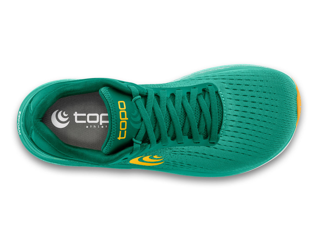 Women's Topo Magnifly 5. Green upper. White midsole. Top view.