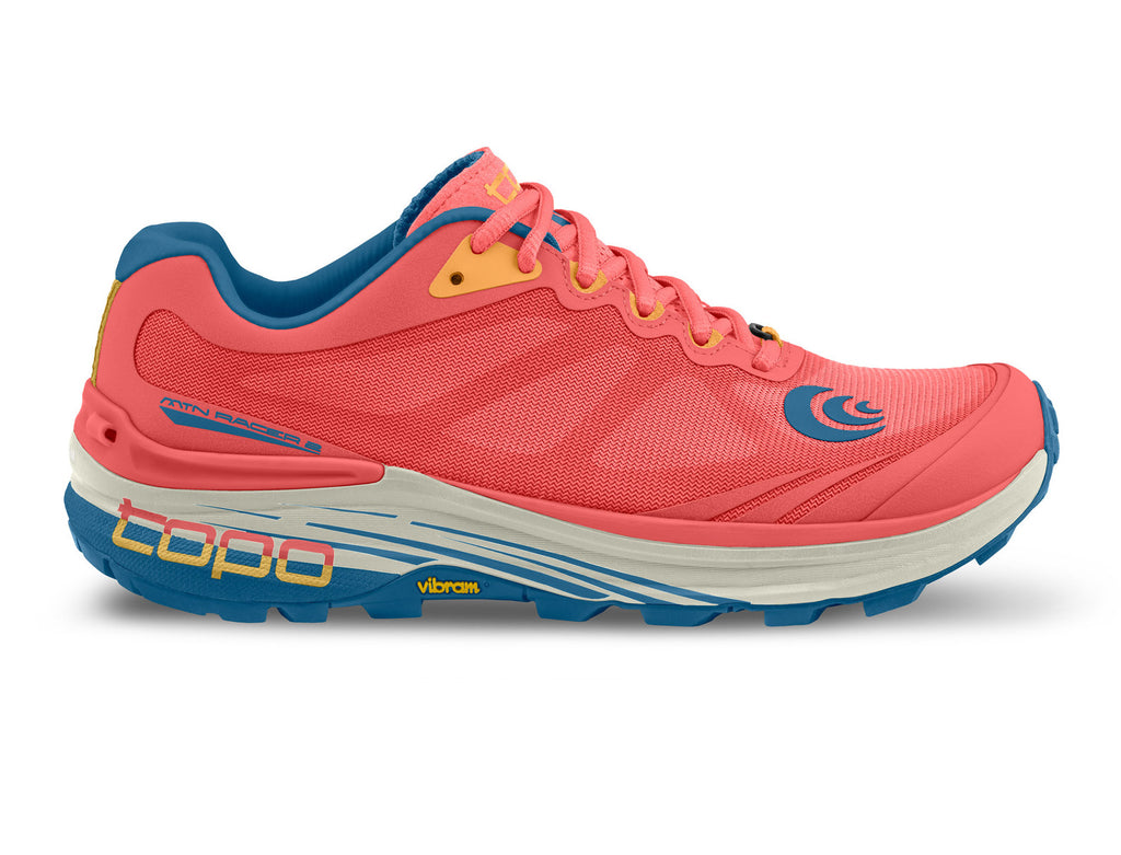 Women's Topo Athletic Mtn Racer 2. Pink upper. Blue/grey midsole. Lateral view.